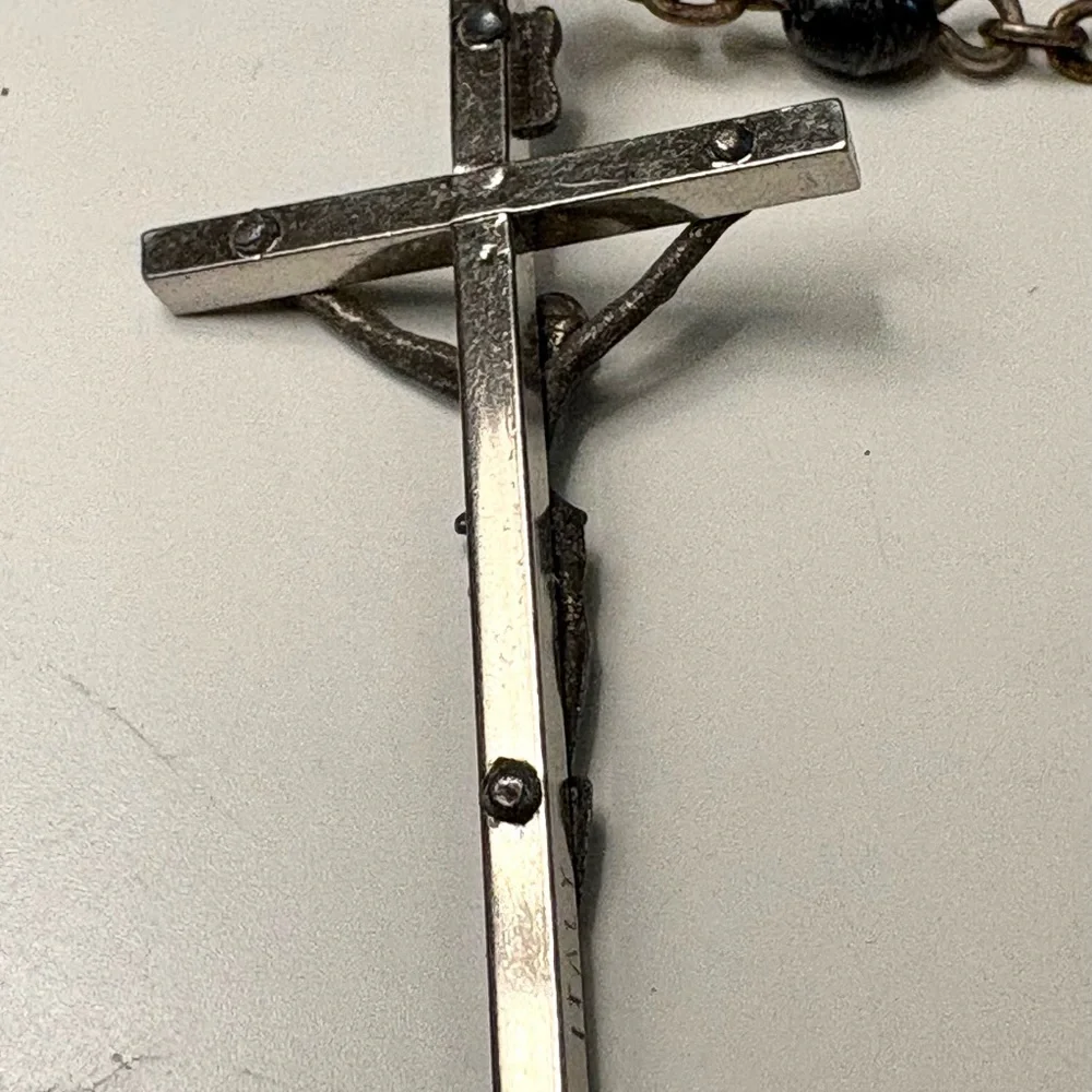 Vintage Catholic Rosary Black Beads Silver Tone Crucifix Sacred Heart